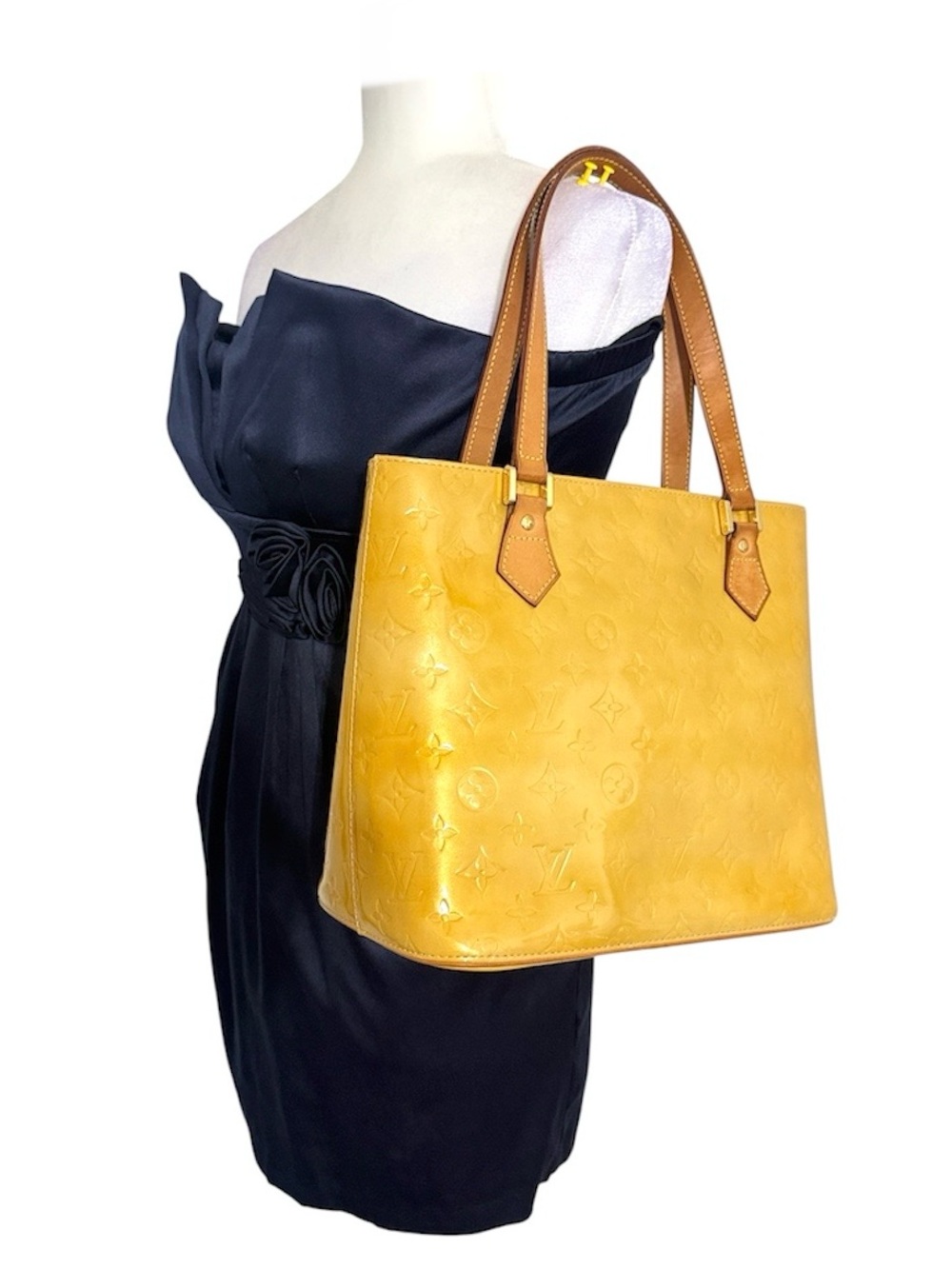 Vintage LOUIS VUITTON Monogram Vernis Houston Handbag Tote Bag Brown Yellow